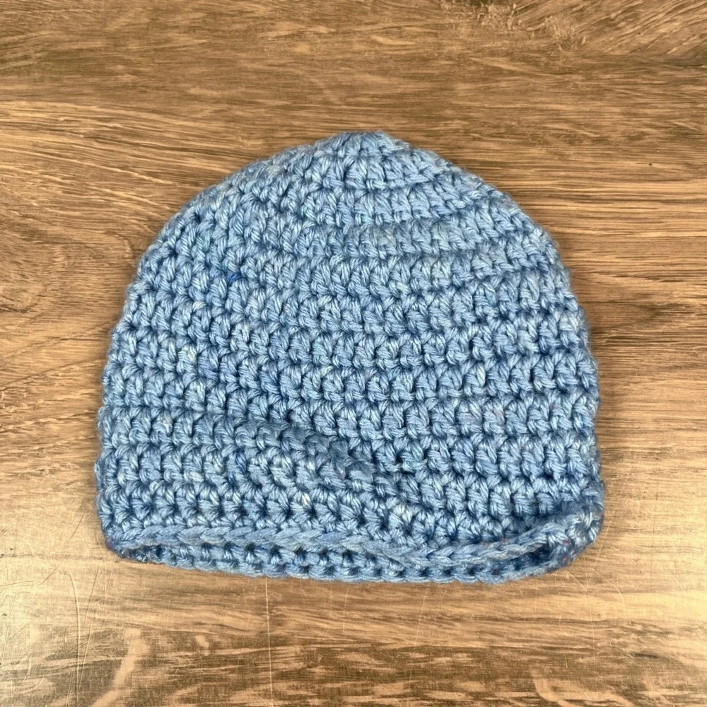 Handmade Beanie Set Baby Blue White Knit Crochet Winter Hats 3pk